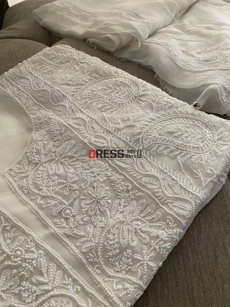 Ivory White Pearl Chikankari Work Suit Suits