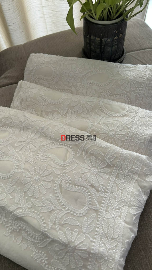 Ivory White Pure Georgette Chikankari Suit (Kurta & Dupatta) - Chikankari Suits
