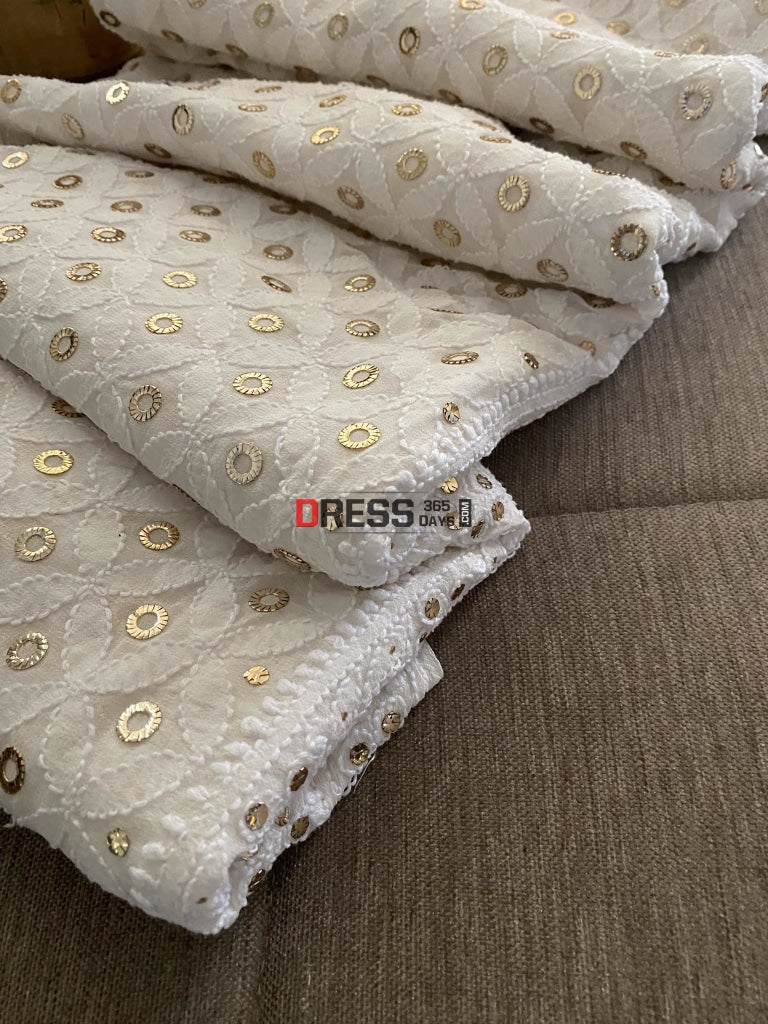 Ivory White Ring Mukaish Chikankari Dupatta