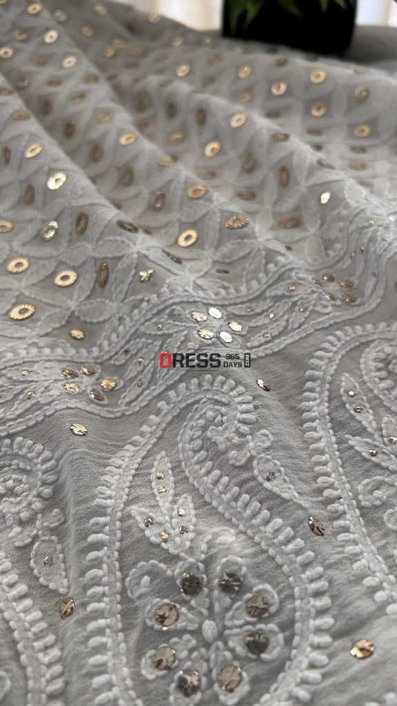 Ivory White Ring Mukaish Chikankari Dupatta