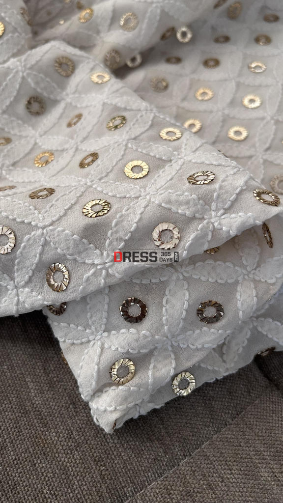 Ivory White Ring Mukaish Chikankari Dupatta