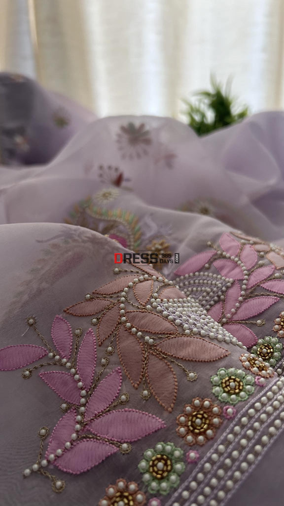 Lavender Exclusive Organza Pearls Chikankari Suit Suits