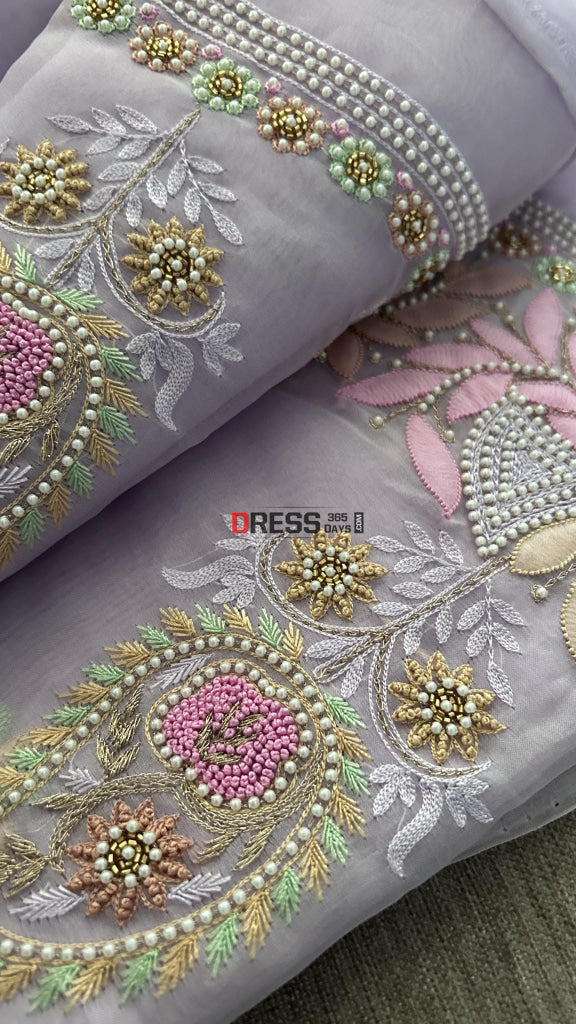 Lavender Exclusive Organza Pearls Chikankari Suit Suits