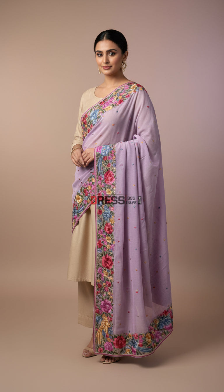 Lavender Parsi Gara Hand Embroidered Dupatta