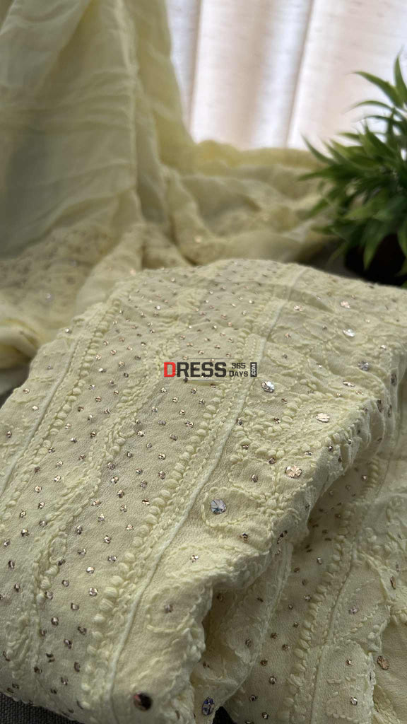 Lemon Yellow Lucknowi Chikankari Mukaish Anarkali Chikankari Anarkali