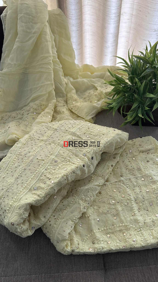 Lemon Yellow Lucknowi Chikankari Mukaish Anarkali Chikankari Anarkali