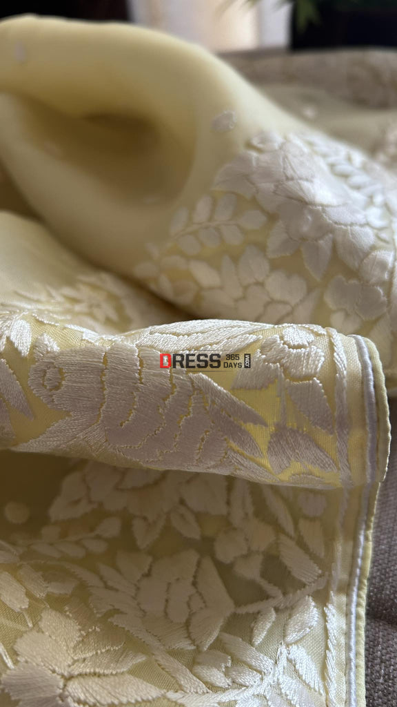 Lemon Yellow Organza Parsi Gara Saree (All Over Border Saree)