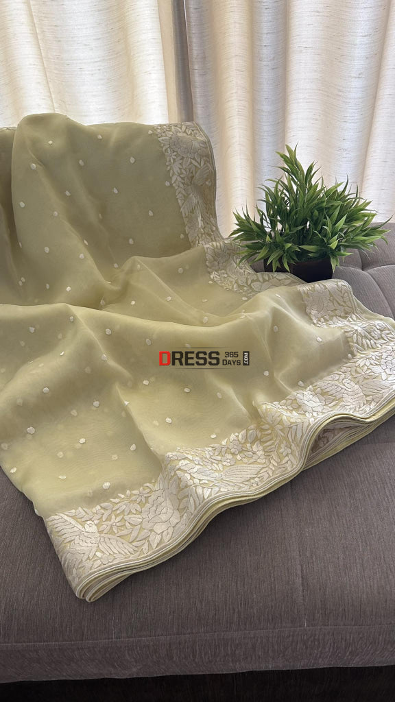 Lemon Yellow Organza Parsi Gara Saree (All Over Border Saree)