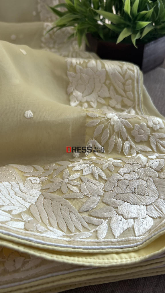 Lemon Yellow Organza Parsi Gara Saree (All Over Border Saree)