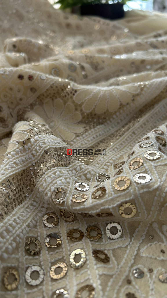 Light Beige Ring Mukaish Chikankari Suit Chikankari Suits