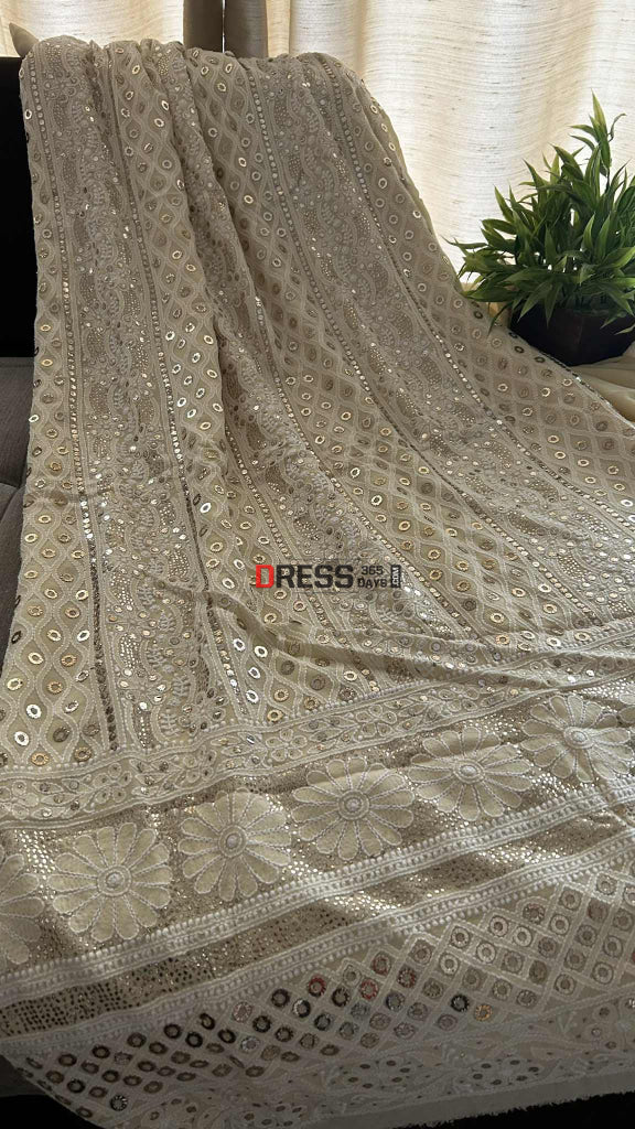 Light Beige Ring Mukaish Chikankari Suit Chikankari Suits