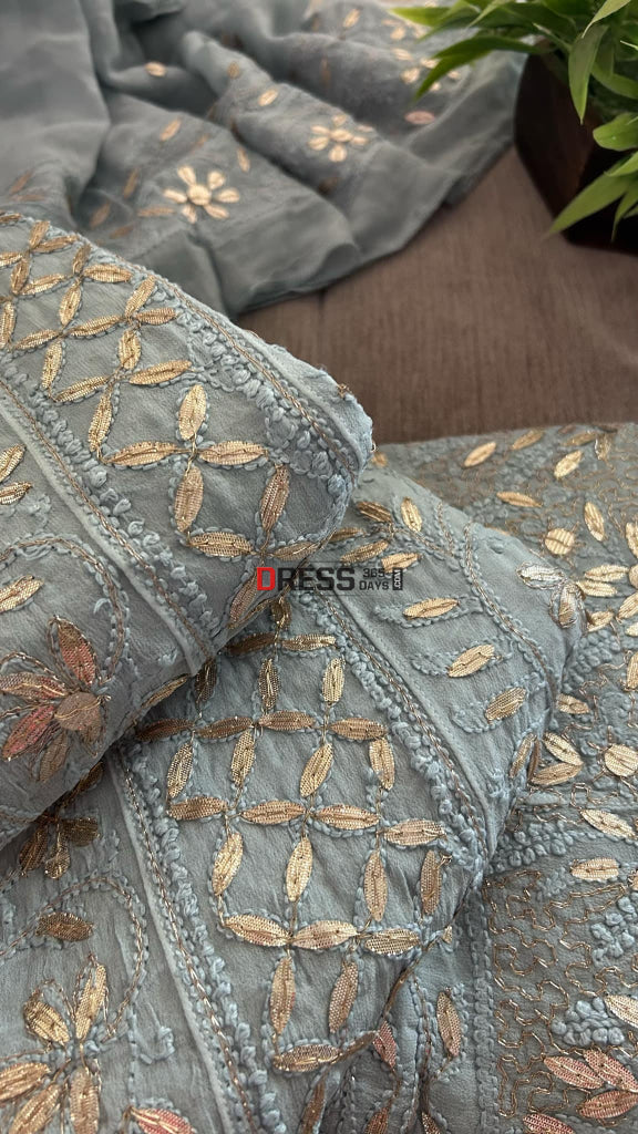 Light Grey Gota Patti Chikankari Anarkali Suit (Anarkali And Dupatta) Chikankari Anarkali