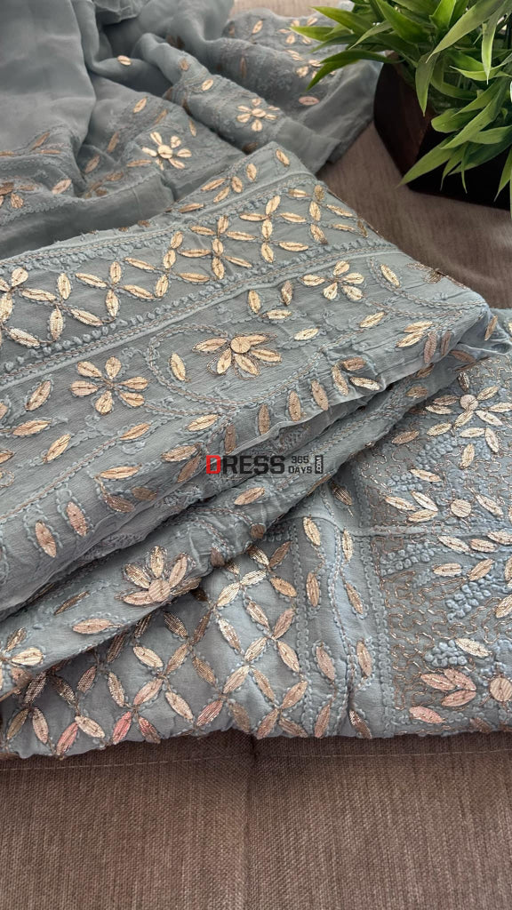 Light Grey Gota Patti Chikankari Anarkali Suit (Anarkali And Dupatta) Chikankari Anarkali