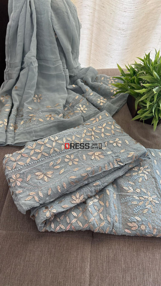 Light Grey Gota Patti Chikankari Anarkali Suit (Anarkali And Dupatta) Chikankari Anarkali