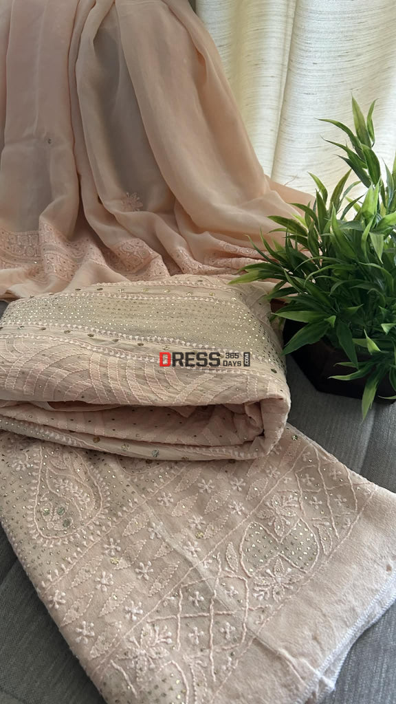 Light Peach Chikankari Anarkali Suit With Golden Mukaish (Anarkali And Dupatta) Chikankari Anarkali