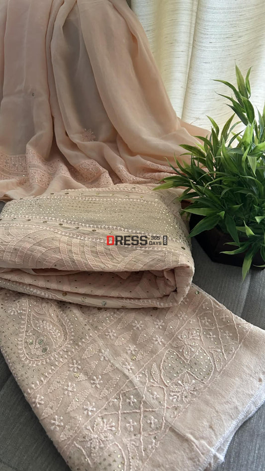 Light Peach Chikankari Anarkali Suit With Golden Mukaish (Anarkali And Dupatta) Chikankari Anarkali