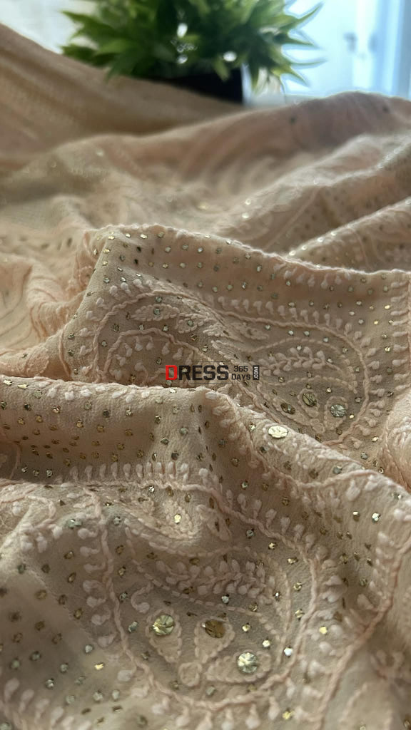 Light Peach Chikankari Anarkali Suit With Golden Mukaish (Anarkali And Dupatta) Chikankari Anarkali