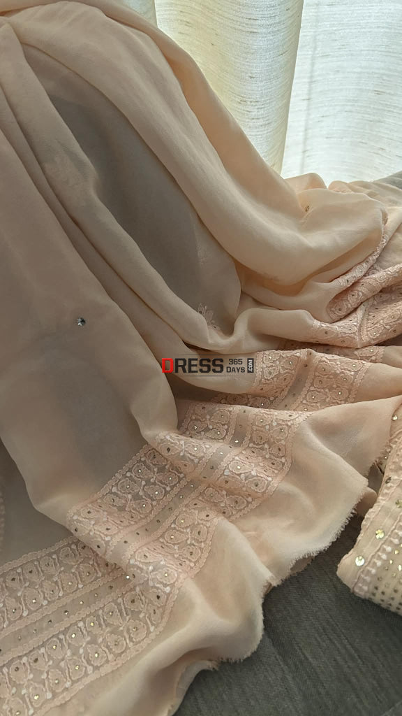 Light Peach Chikankari Anarkali Suit With Golden Mukaish (Anarkali And Dupatta) Chikankari Anarkali