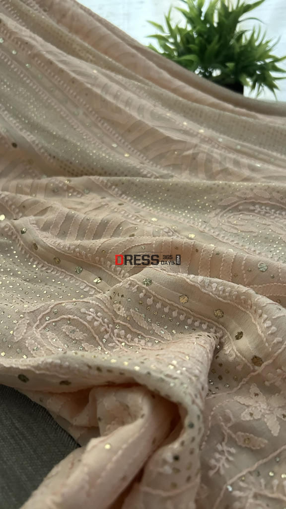 Light Peach Chikankari Anarkali Suit With Golden Mukaish (Anarkali And Dupatta) Chikankari Anarkali