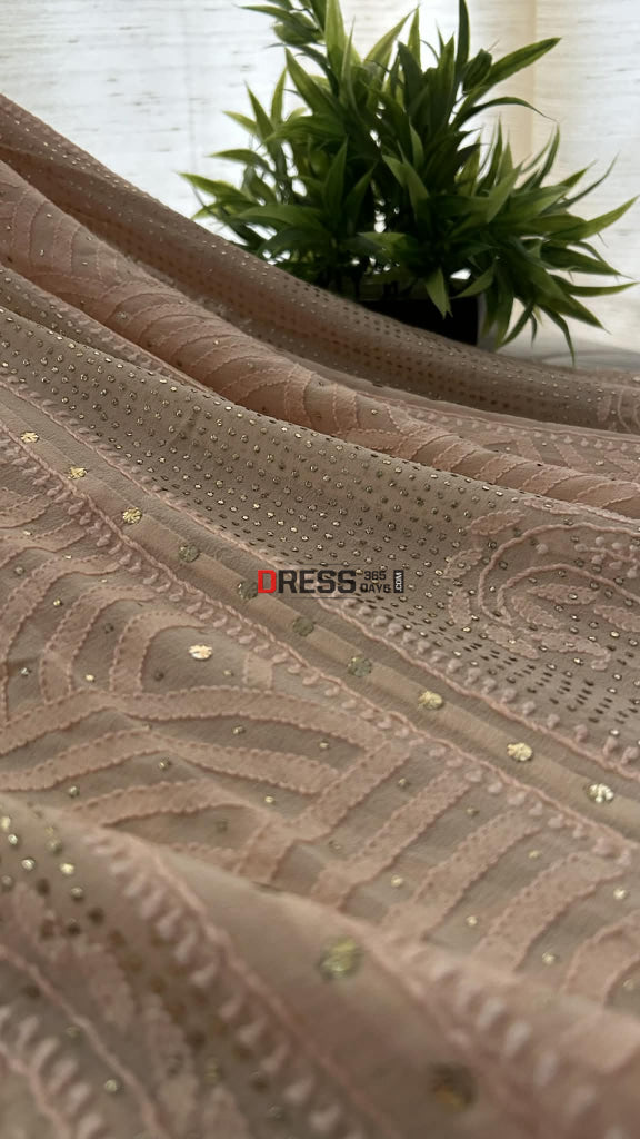 Light Peach Chikankari Anarkali Suit With Golden Mukaish (Anarkali And Dupatta) Chikankari Anarkali