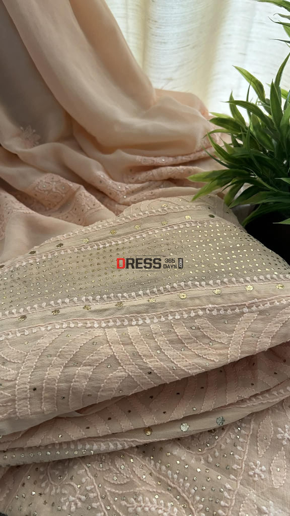 Light Peach Chikankari Anarkali Suit With Golden Mukaish (Anarkali And Dupatta) Chikankari Anarkali