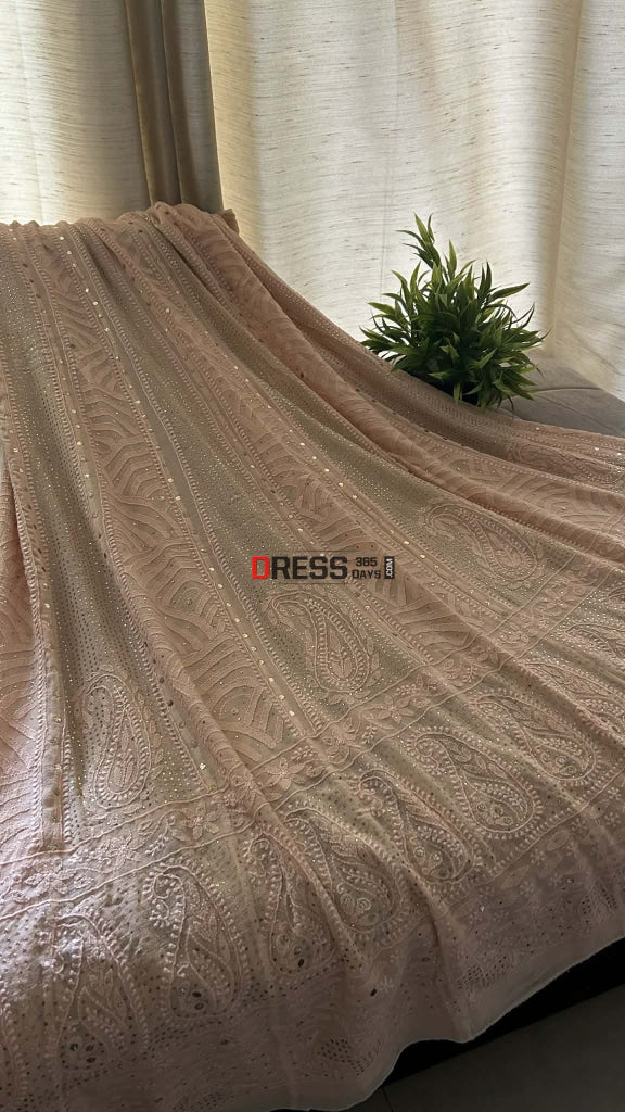 Light Peach Chikankari Anarkali Suit With Golden Mukaish (Anarkali And Dupatta) Chikankari Anarkali