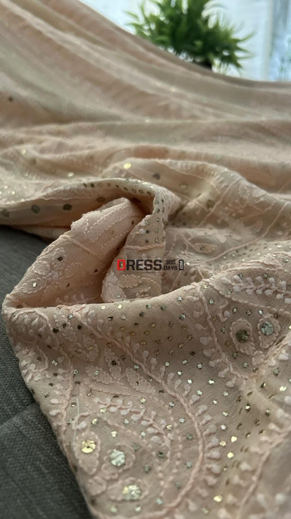 Light Peach Chikankari Anarkali Suit With Golden Mukaish (Anarkali And Dupatta) Chikankari Anarkali