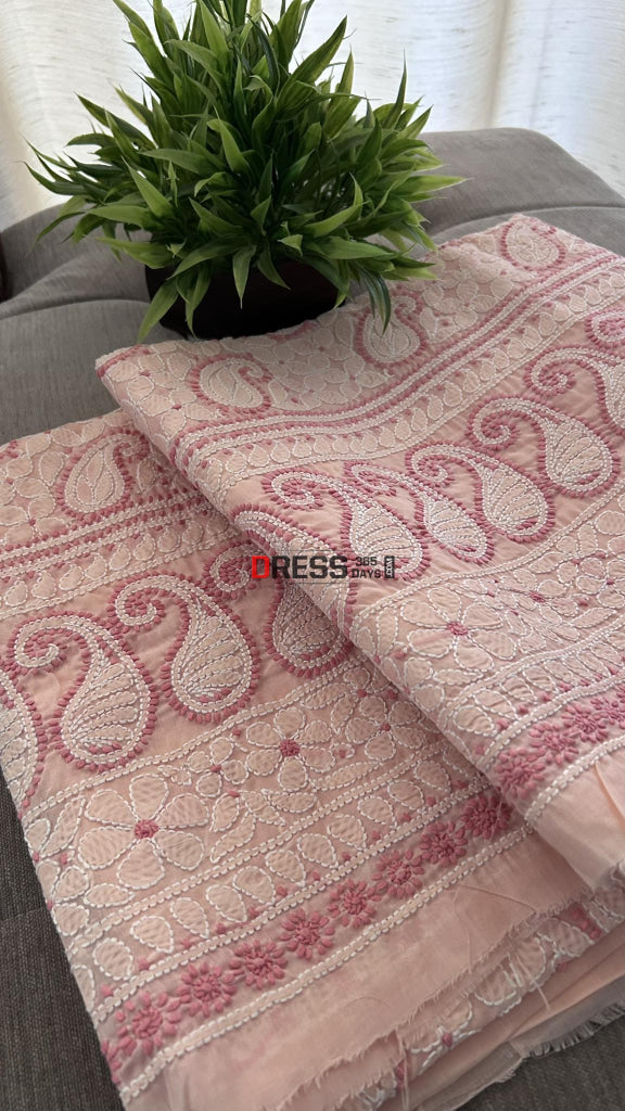 Light Peach Cotton Chikankari Kurti Fabric (Kurti Fabric)