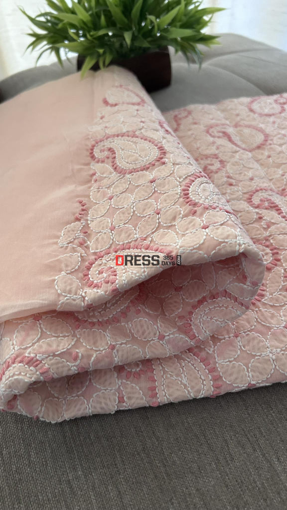 Light Peach Cotton Chikankari Kurti Fabric (Kurti Fabric)