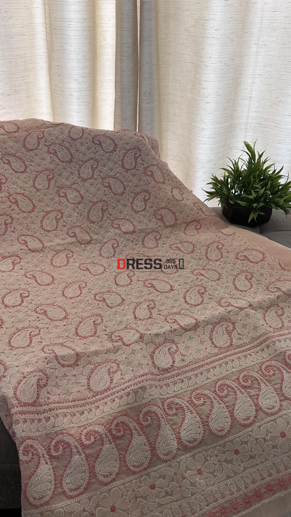Light Peach Cotton Chikankari Kurti Fabric (Kurti Fabric)