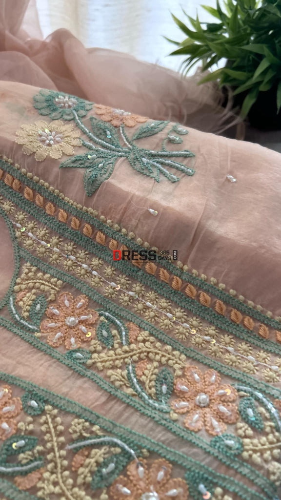 Light Peach Organza Pearls Chikankari Suit (Kurta & Dupatta) Suits
