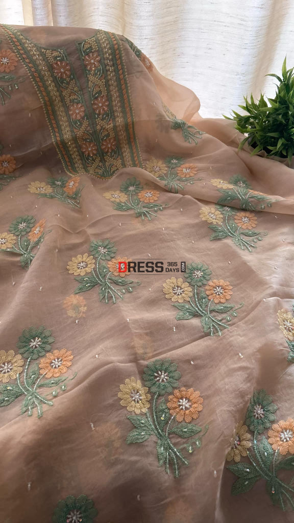 Light Peach Organza Pearls Chikankari Suit (Kurta & Dupatta) Suits