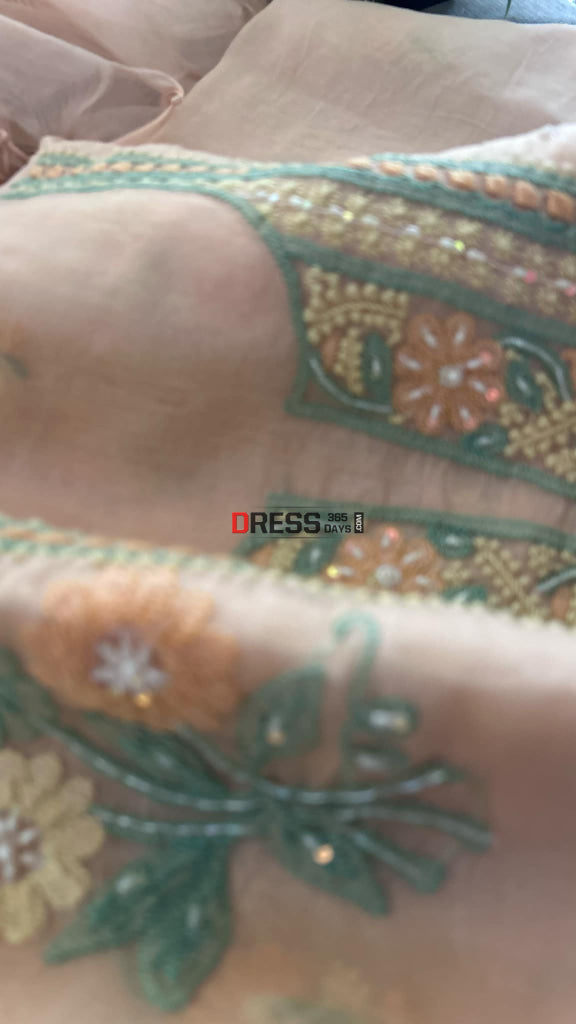 Light Peach Organza Pearls Chikankari Suit (Kurta & Dupatta) Suits