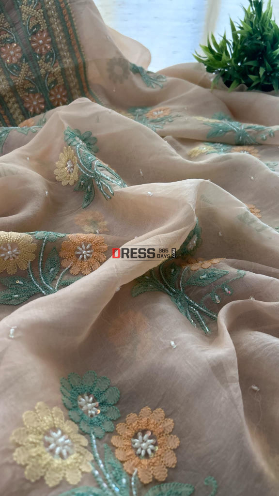 Light Peach Organza Pearls Chikankari Suit (Kurta & Dupatta) Suits