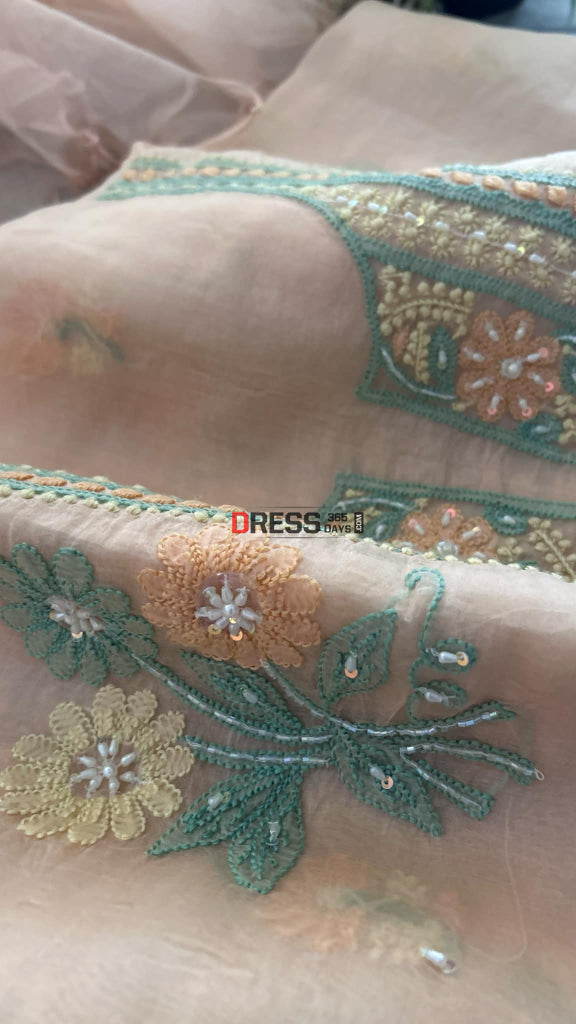 Light Peach Organza Pearls Chikankari Suit (Kurta & Dupatta) Suits