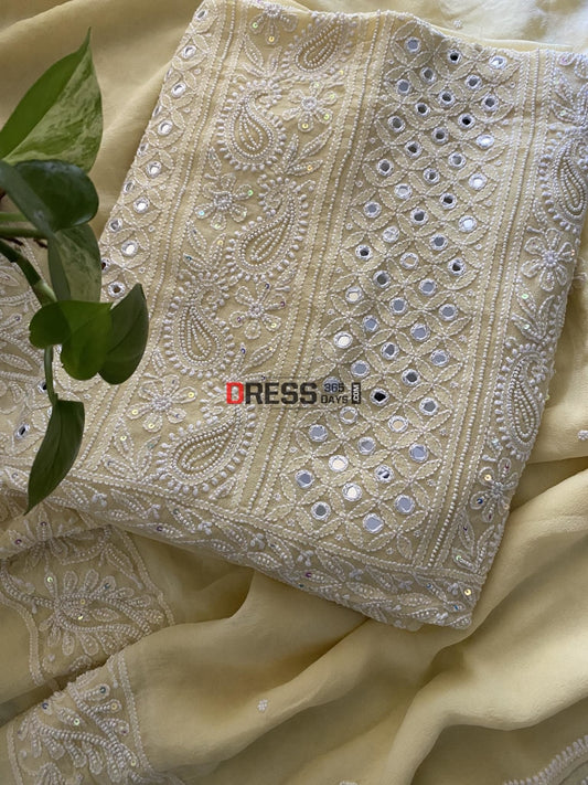 Light Yellow Pearl & Mirror Chikankari Suit Suits