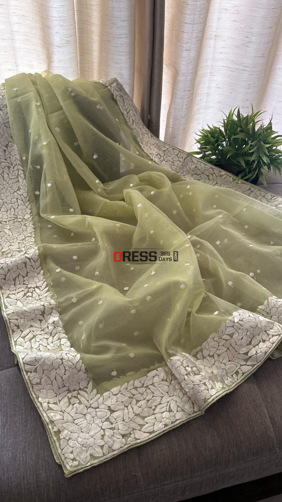 Lime Green Organza Parsi Gara Hand Embroidered Dupatta Parsi Gara Dupatta