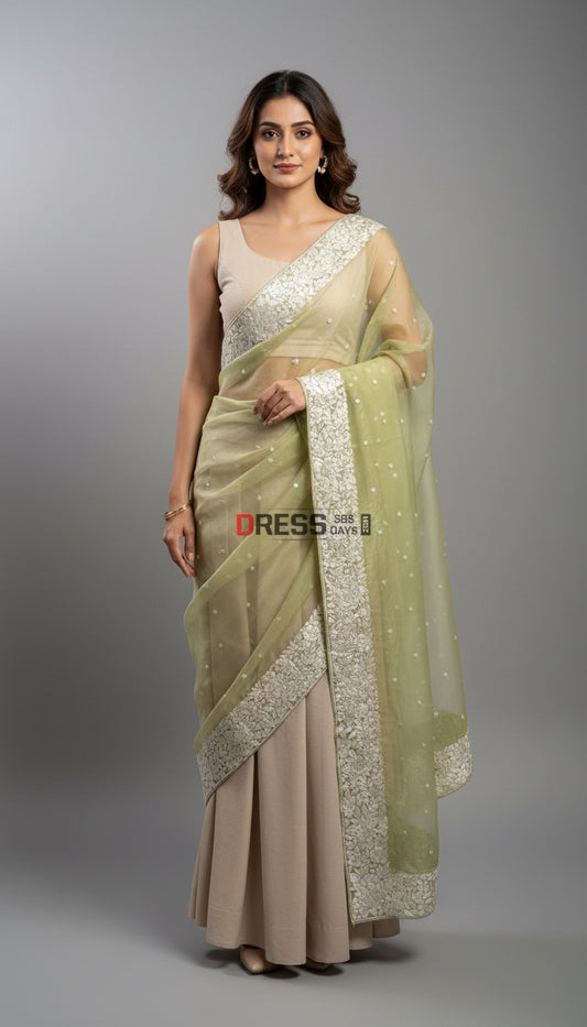 Lime Green Organza Parsi Gara Hand Embroidered Dupatta Parsi Gara Dupatta