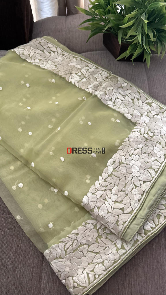 Lime Green Organza Parsi Gara Hand Embroidered Dupatta Parsi Gara Dupatta