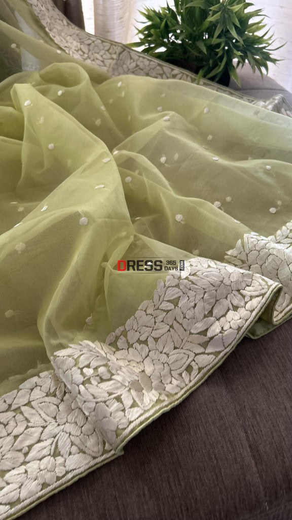 Lime Green Organza Parsi Gara Hand Embroidered Dupatta Parsi Gara Dupatta