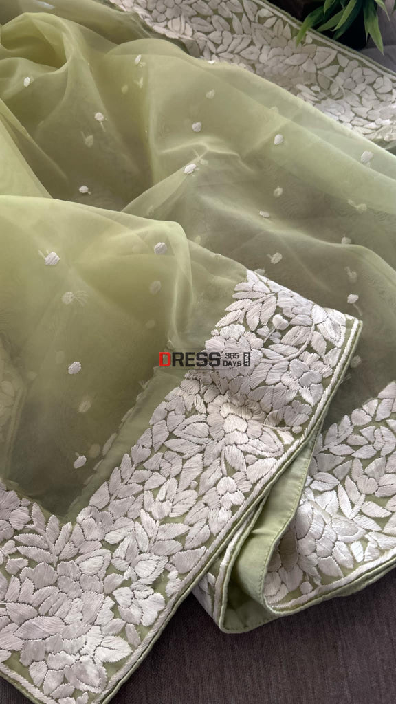 Lime Green Organza Parsi Gara Hand Embroidered Dupatta Parsi Gara Dupatta