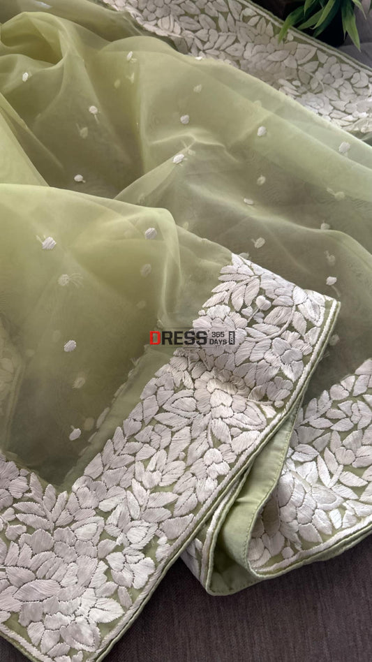Lime Green Organza Parsi Gara Hand Embroidered Dupatta Parsi Gara Dupatta