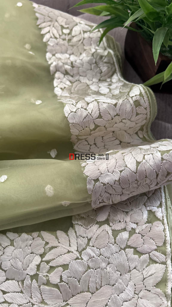 Lime Green Organza Parsi Gara Hand Embroidered Dupatta Parsi Gara Dupatta