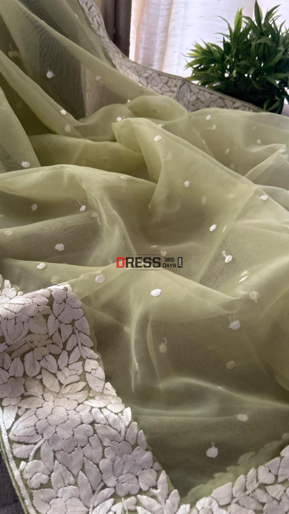 Lime Green Organza Parsi Gara Hand Embroidered Dupatta Parsi Gara Dupatta