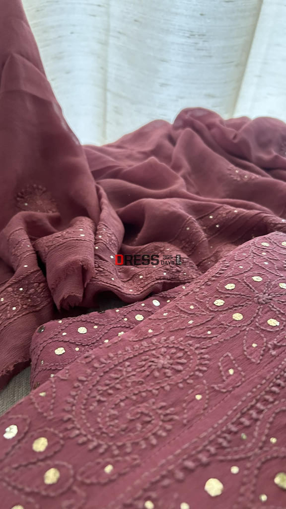 Lucknawi Chikankari Anarkali Suit With Golden Mukaish (Anarkali And Dupatta) Chikankari Anarkali