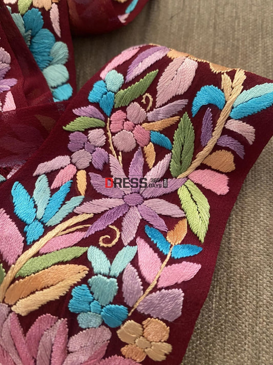 Maroon Multicolour Parsi Gara Hand Embroidered Border