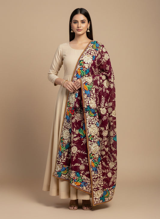 Maroon Multicolour Parsi Work Dupatta