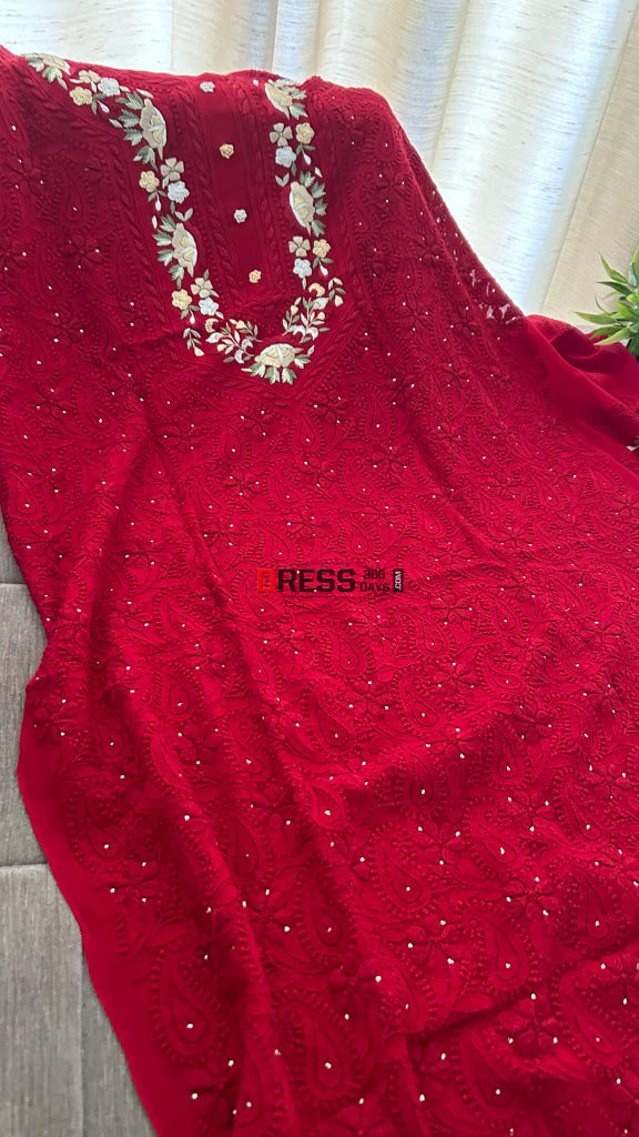Maroonish Red Chikankari Parsi Gara Neckline Kurta Dupatta Set Suits