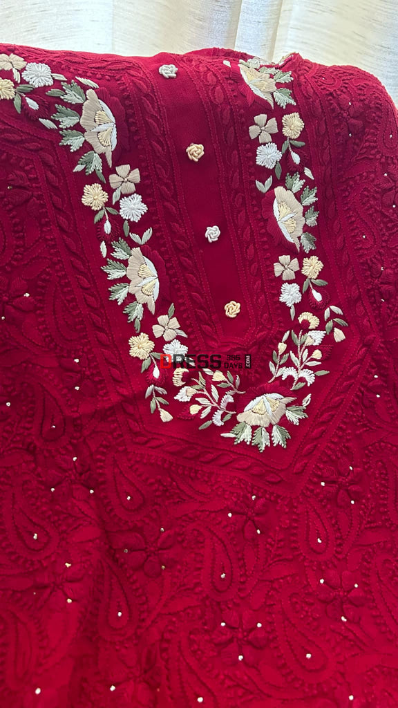 Maroonish Red Chikankari Parsi Gara Neckline Kurta Dupatta Set Suits