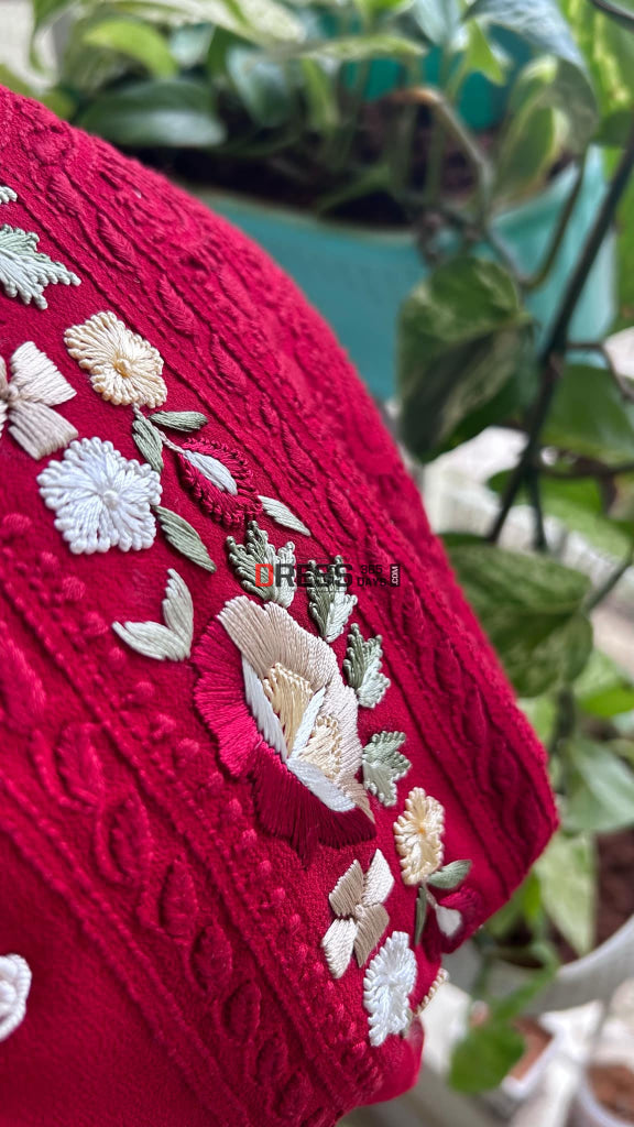 Maroonish Red Chikankari Parsi Gara Neckline Kurta Dupatta Set Suits